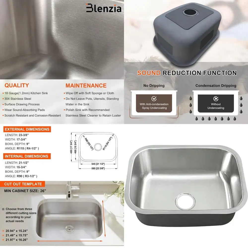 

23 Undermount Single Bowl Kitchen Sink, 304 Stainless Steel, 18 Gauge, Brushed Nickel Finish