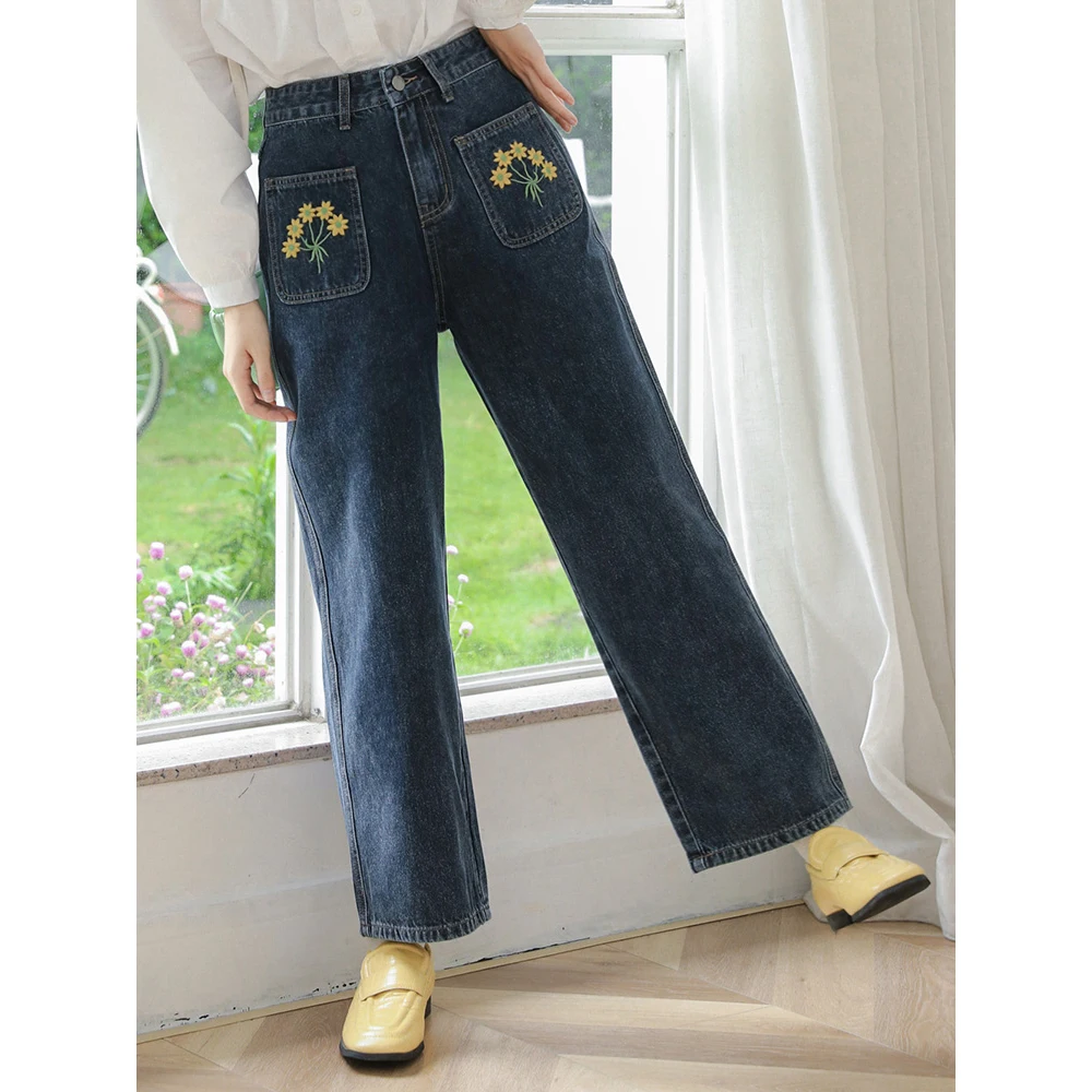 Vintage bestickte Jeans mit hoher Taille Frauen Frühling Harajuku Mode schlanke weite Bein Baggy Jeans hose koreanische lässige weibliche Hose