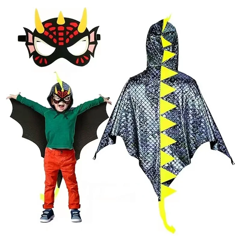 Mantello con cappuccio per dinosauro rosso per bambini con maschera a coda Accessori da polso per feste in costume cosplay di Halloween Regalo per bambini di 3-12 anni