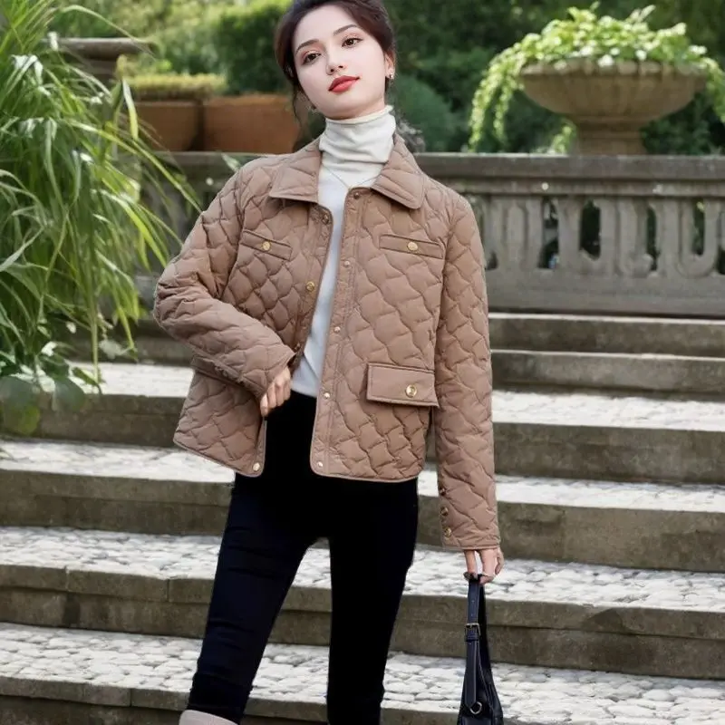 Lightweight Short Cotton Jacket for Women 2026 Small Size Fashionable Quilted Outerwear Spring Autumn Winter Turn-down Collar