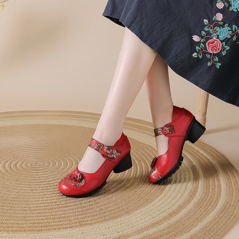 

Elegant Red Mary Jane Heels 2026 Women Retro Pumps Shoes Floral Genuine Leather Upper Comfort Block Heel For Mothers Daily Shoes