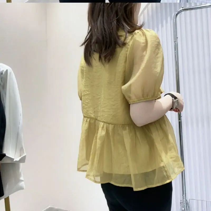 Lantern Short Sleeve Ruffles Folds Solid Color Summer Pullover T-shirt Fashion Casual Elegant Clothes for Women Crew Neck Tops