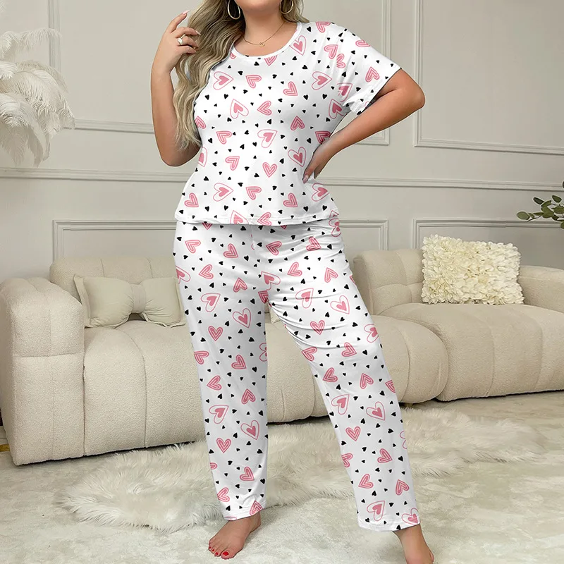 

Summer Short Sleeve Pajamas Sets Milk Silk Lady's Loungewear with Abstract Heart Print Casual Homewear 2pcs Pants