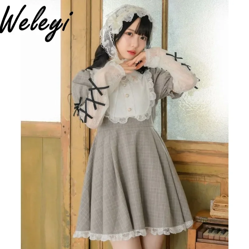 

Rojita Jirai Kei Dresses Japanese Women's Clothes Autumn New Bow Lace Sleeve Splicing Mine Series Mass Produced Elegant Kleider