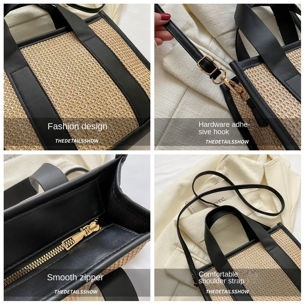 Large Capacity Knitted Handheld Straw Woven Tote Bag Simple Single Shoulder Bag Fashion Crossbody Pouch Travel Beach Handbag