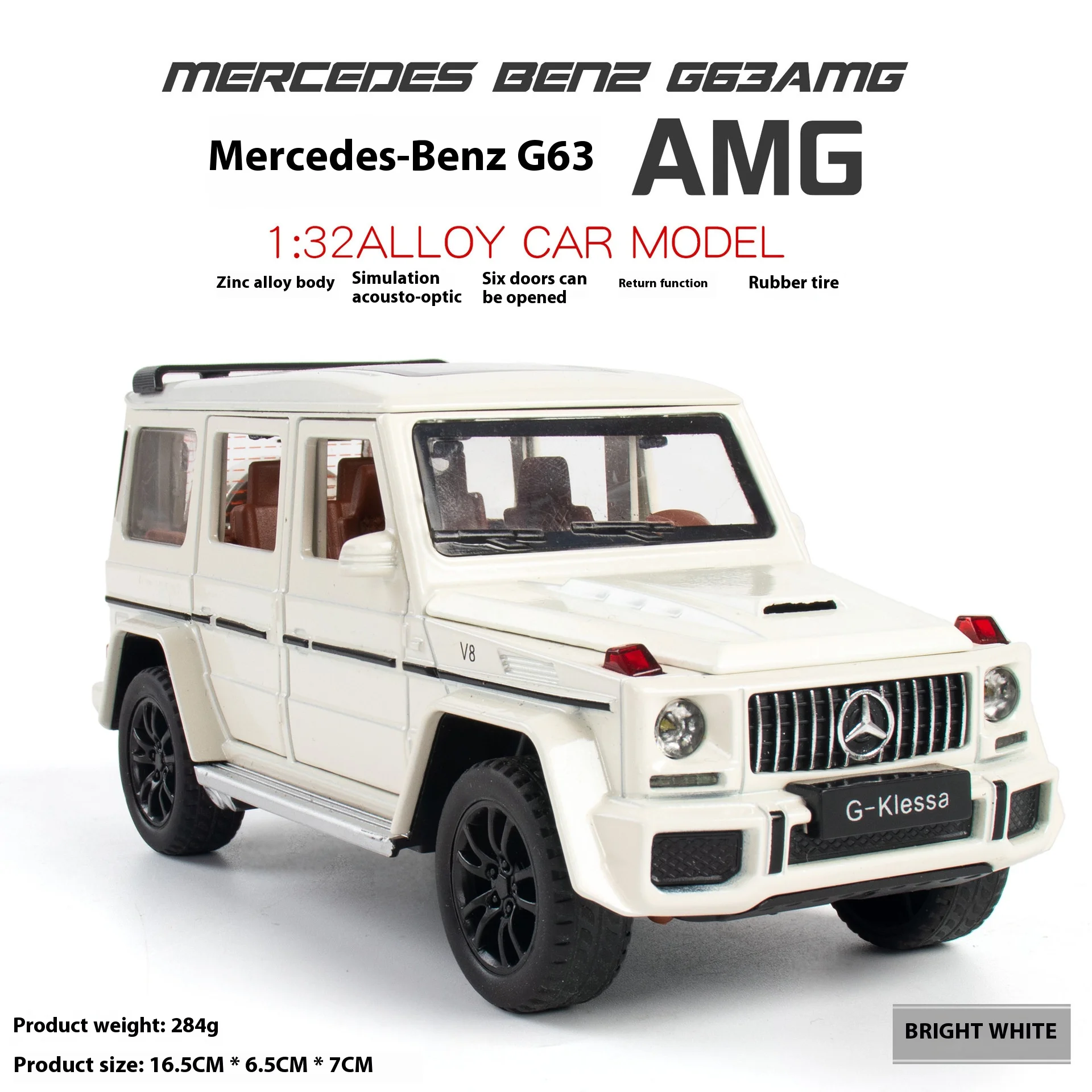 Benz G63 AMG Alloy Car Model, modelo fundido, luz sonora, brinquedo puxado, veículo em miniatura, ornamentos, presente para crianças, 1:32