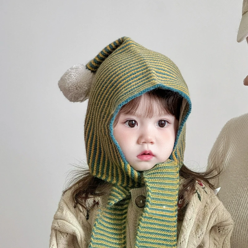 

Color-block Striped Children's Hat, Winter Unisex Windproof and Warm Elf Hat, Ear-protecting Knitted Hat for Babies