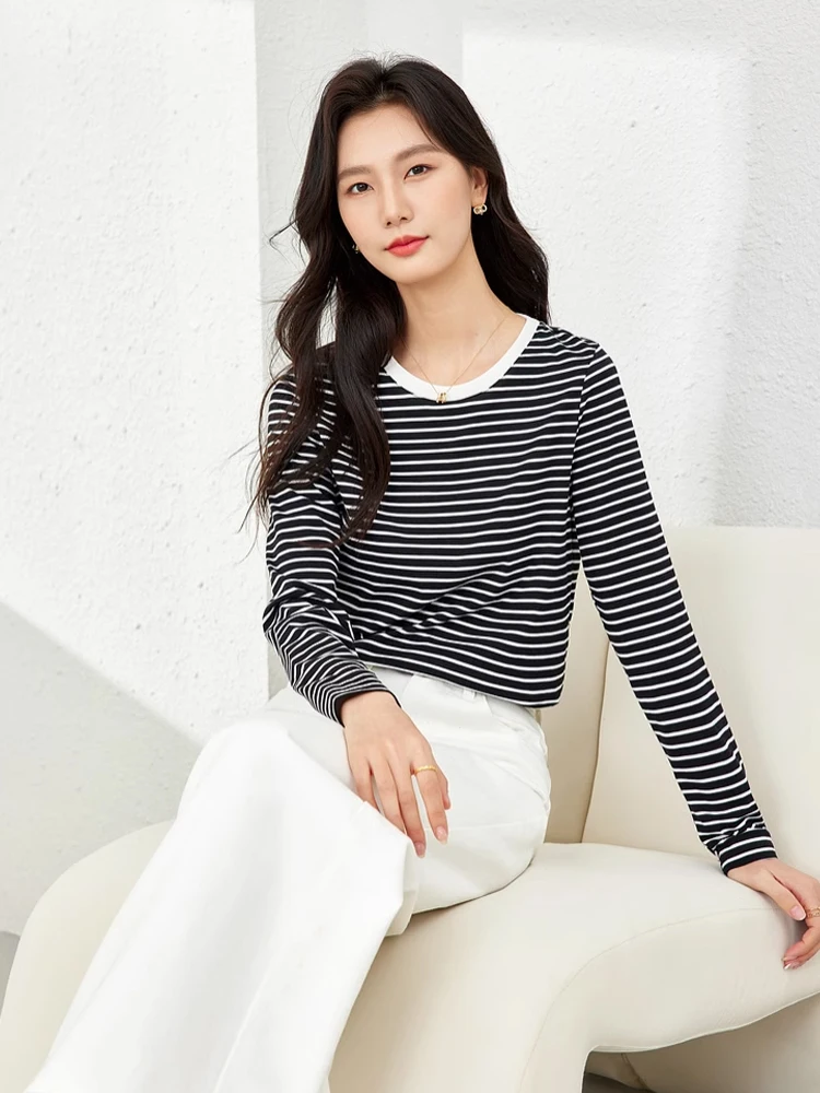 Vimly Black White Striped Basic Tees Women O-neck T-shirt Long Sleeve Top 2024 Spring Casual Pullovers Womans Clothes M5991