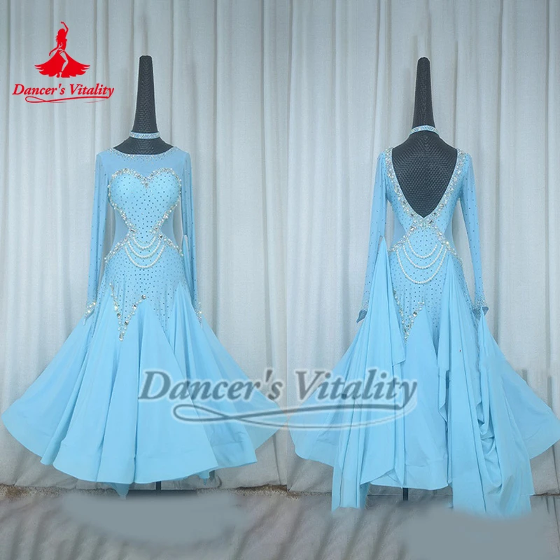 Adulto luz azul ab pedras pérola decoração mangas compridas dança de salão vestidos de competição profissional high-end personalizar