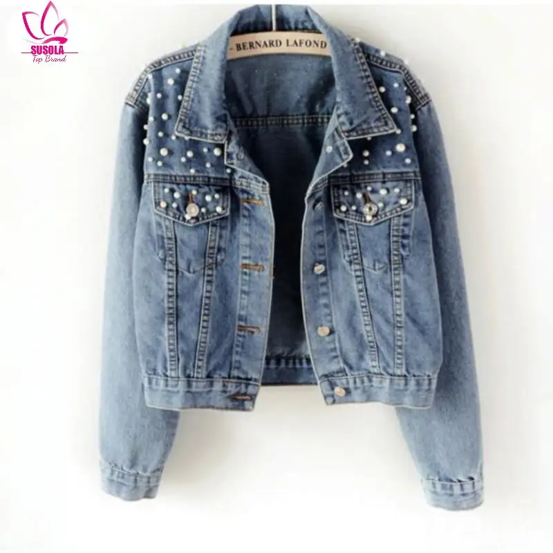 SUSOLA New Lady Pearl Beaded Short Denim Jacket 5Xl Women's Long Sleeve Retro Casual Denim Jacket Bomber Denim Jacket