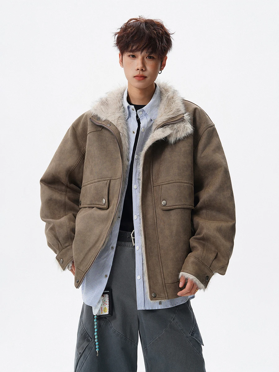 Jaket Motor Kulit Pria Thiened American Sle, Model Longgar, Bahan Katun Hangat untuk Musim Dingin, Pakaian Luar Kulit Katun untuk Pengendara Motor