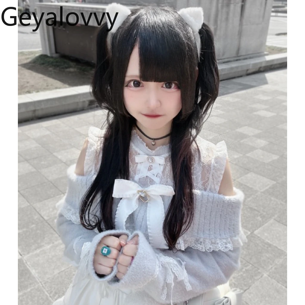 Automne hiver nouvelle sous-culture japonaise pull produit en série doux polyvalent nœud dentelle épaules dénudées à manches longues pull polyvalent