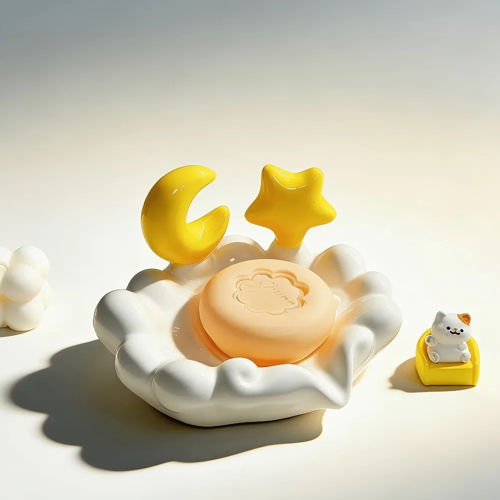 Cloud Shaped Ceramic Soap Dish with Moon Star Decor Drainable Cute Bathroom Soap Holder Tray for Shower Decorative Soap Storage