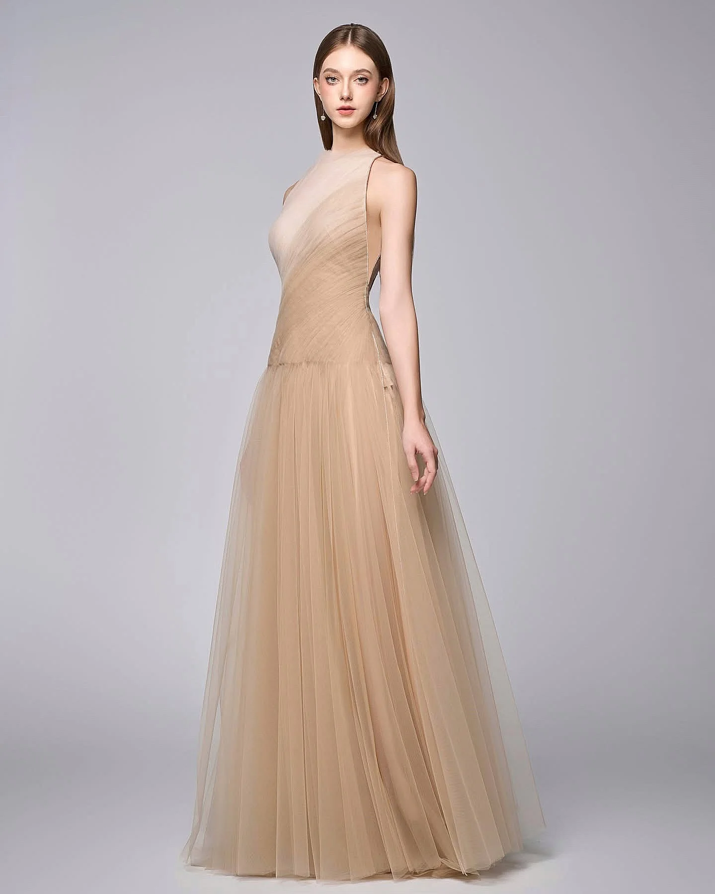 Vestido de noite de organza de renda personalizado, gola redonda, sem mangas, comprimento até o chão, banquete, festa de aniversário, saia longa formal