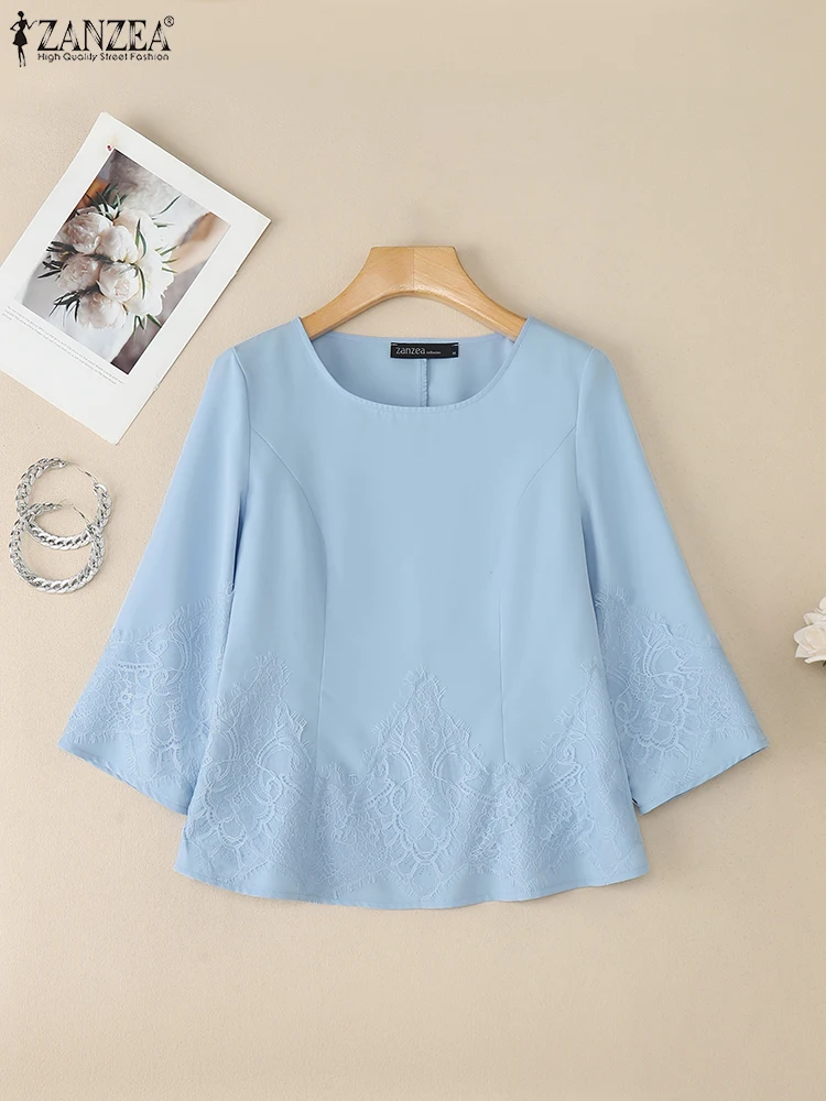 

ZANZEA женские повседневные кружевные лоскутные блузки с круглым вырезом с рукавами три четверти однотонные топы осенняя элегантная женская одежда S-3XL