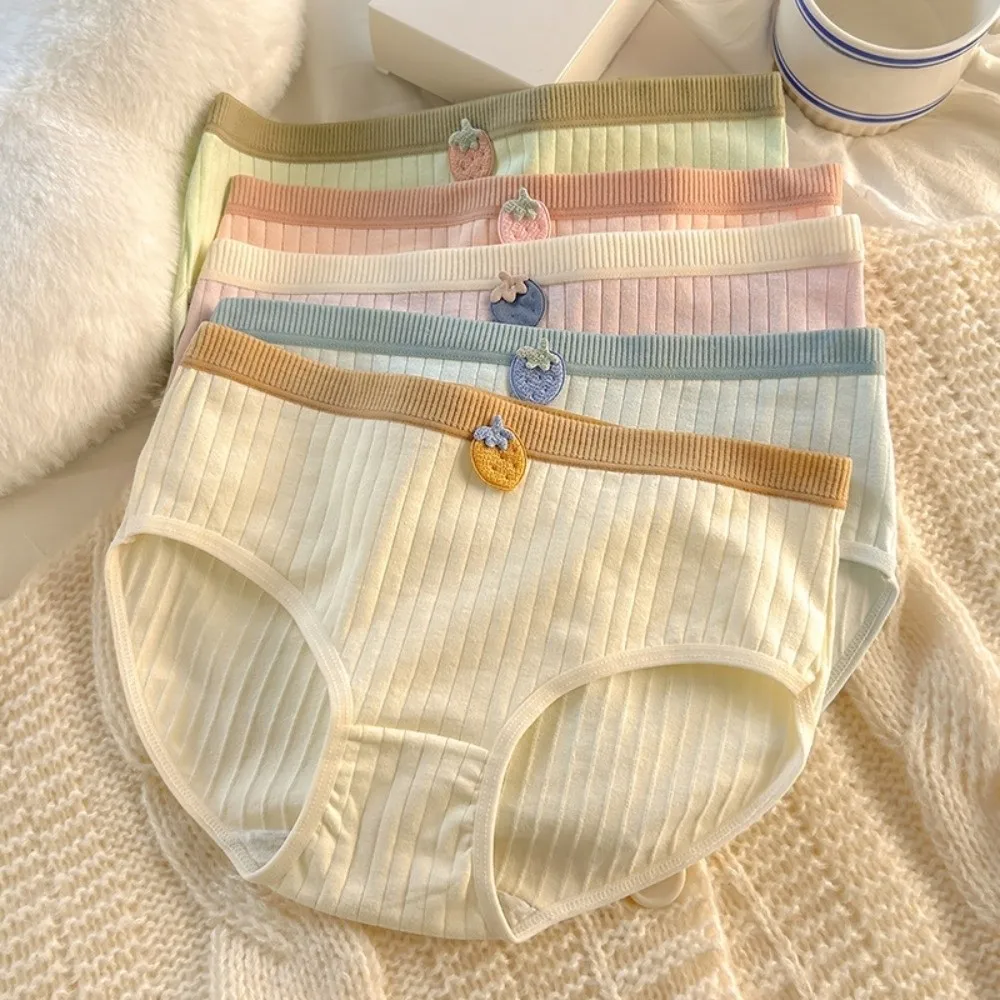 5 個の弾性ストライプ綿パンティーかわいいパンツイチゴブリーフ甘いソフト女性下着女の子