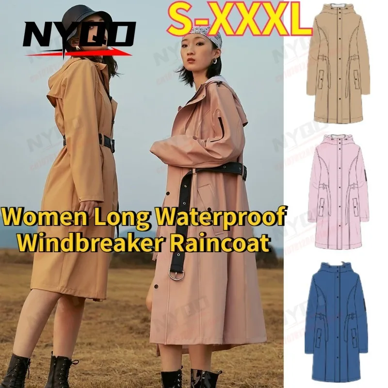 

Women Long Waterproof Windbreaker Raincoat Fashion Elegant Drawstring Waist Cinch Polyester Fabric Cycling Rain Jacket