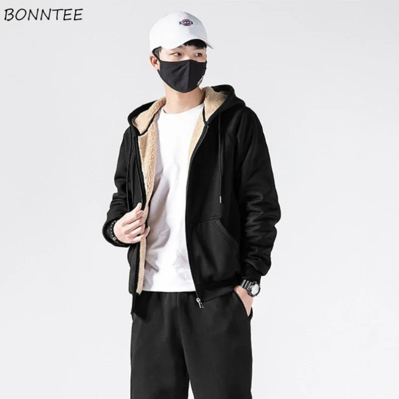 Hooded Hoodies Men Thicker Plus Velvet Keep Warm Winter Sporty Casual Coats Male Pockets Zipper-up Lace-up Teens Popular Chic