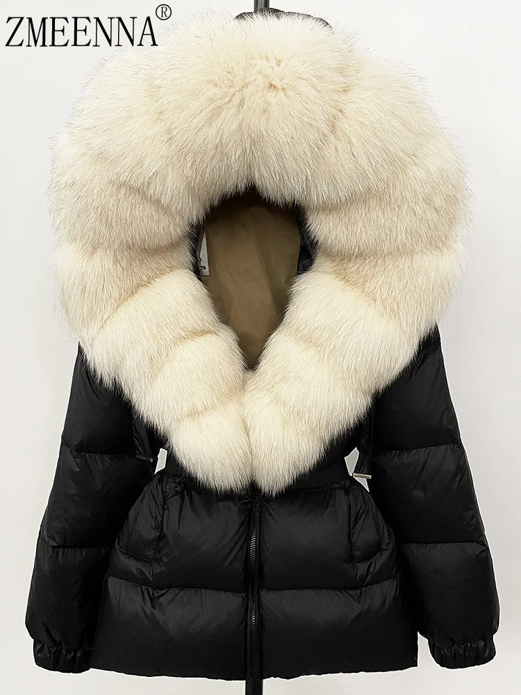 

ZMEENNA Women's Black Down Puffer Jacket With Luxurious Natural White Hood Warm Winter Coat Detachable Fur Collar ZM3386