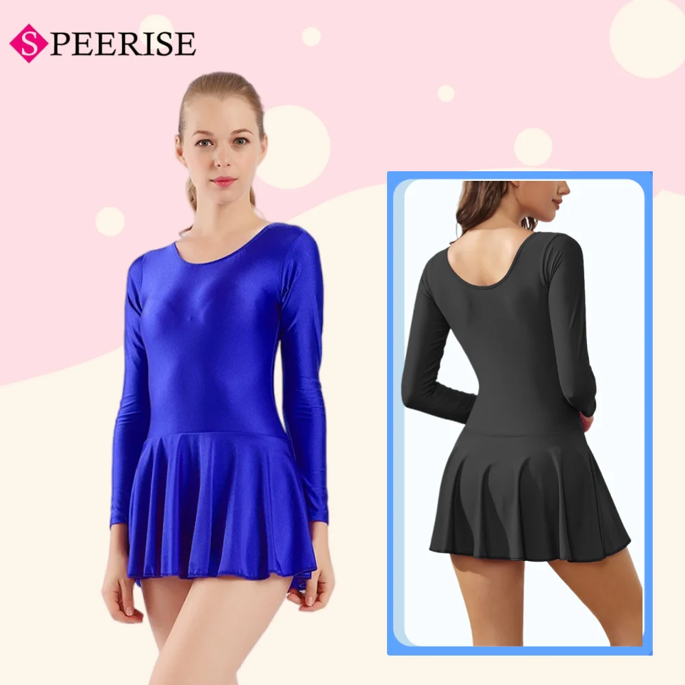 

Adult Women's Stretch Scoop Neck Dance Bodysuit Long Sleeve Ballet Leotard with Skirt Gymnastics One Piece Dancewear
