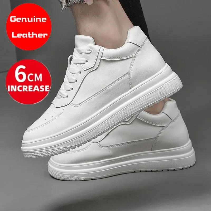 Baskets Blanches en Cuir group pour Homme et Femme, Chaussures de Luxe à la Mode avec Semelles Réglables, Hauteur de 6cm, Grande Taille 36 à 44