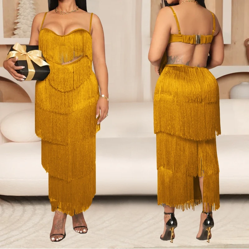 Vestido longo feminino borla em camadas cinta de espaguete sem costas maxi verão 2025 férias sexy festa de aniversário vestidos