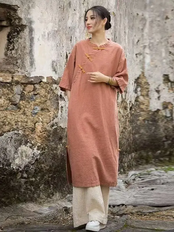 New 2026 Summer Cotton Linen Short Sleeve Dress Washed out Color Button Chinese Style Long Tea Service Robe Trendy Women's Cl...
