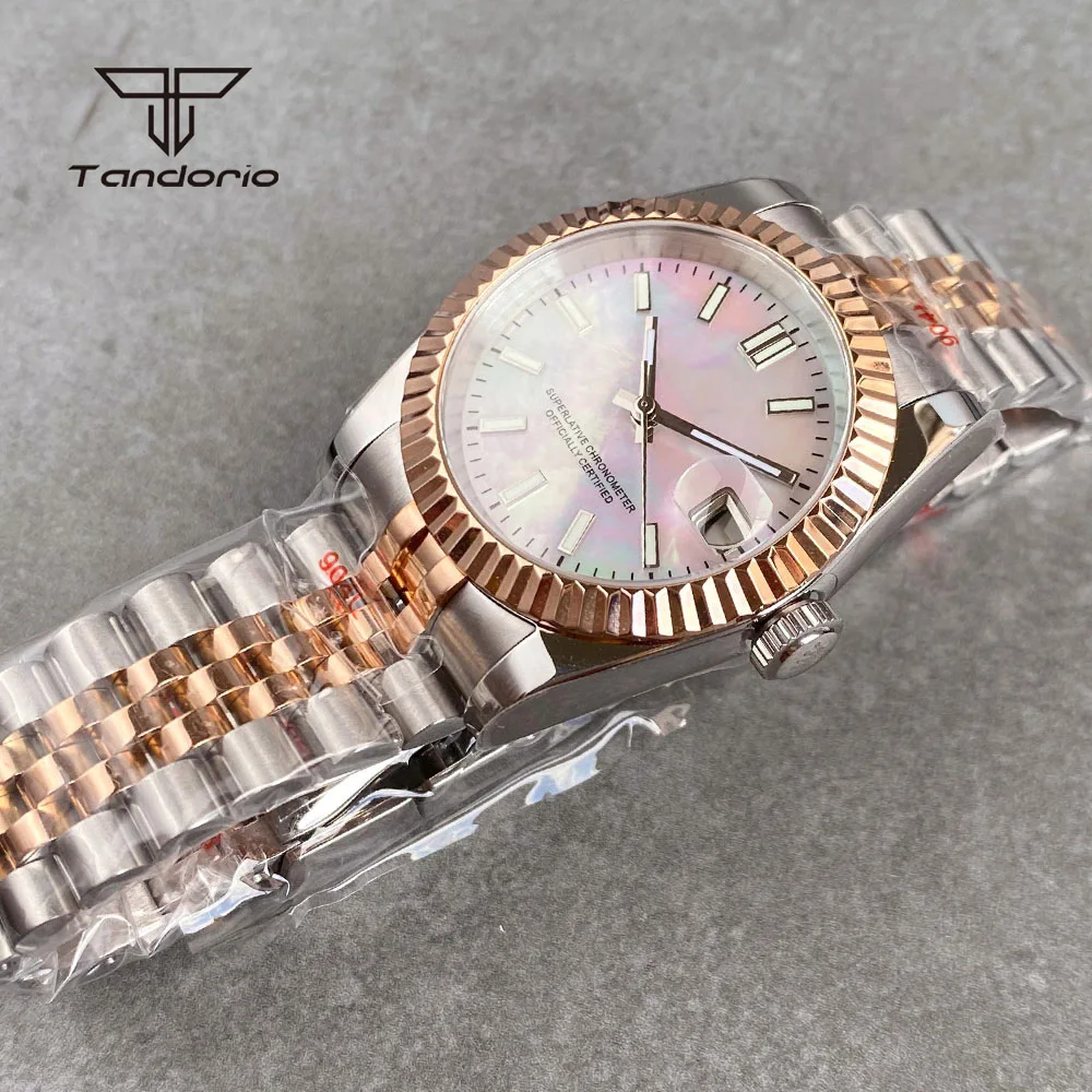 Tandorio MOP Dial NH35A Two Tone Automatic Mechanical Watch for Men Date Sapphire 36mm/39mm Rose Gold Coated Wristwatch Luminous