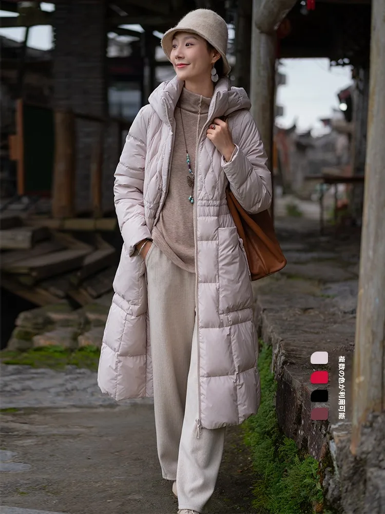 

Original Artistic Long Thickened White Duck down Hooded Jacket Pure Color Winter New Arrival Women's Fashion Commute Style Po...