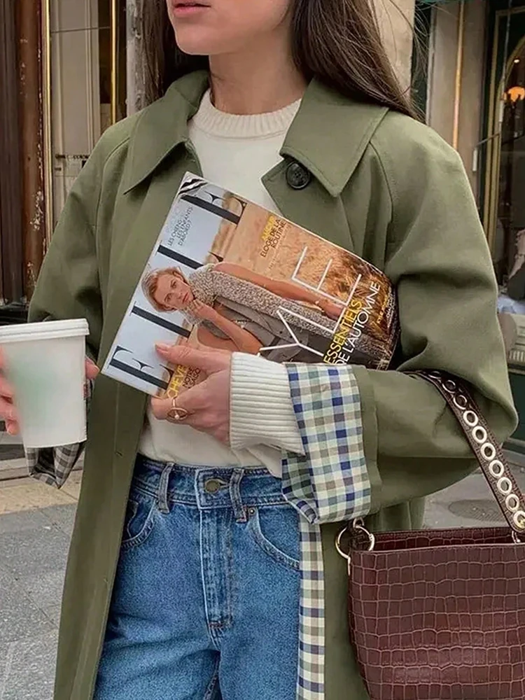 Novo em forro xadrez sólido trench coat mulher roupas único breasted manga longa jaqueta 2025 primavera outono senhora outwear