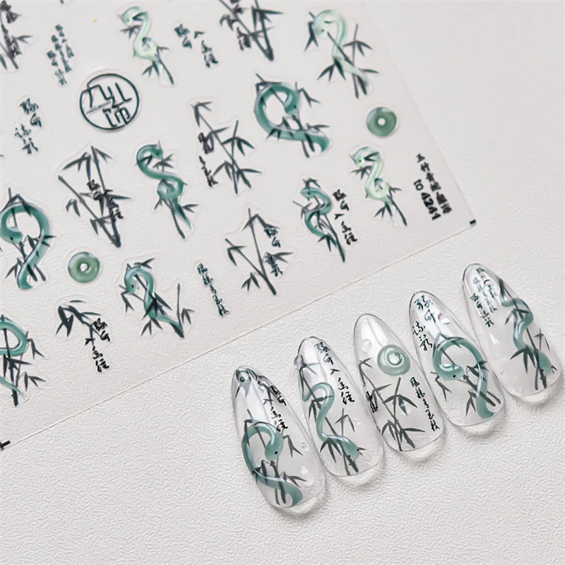 5d Chinese Stijl Jade Bamboe Groene Slang Nail Stickers Retro Hoge Kwaliteit Inkt Schilderij Wilgenblad Nail Art Decoratieve Stickers