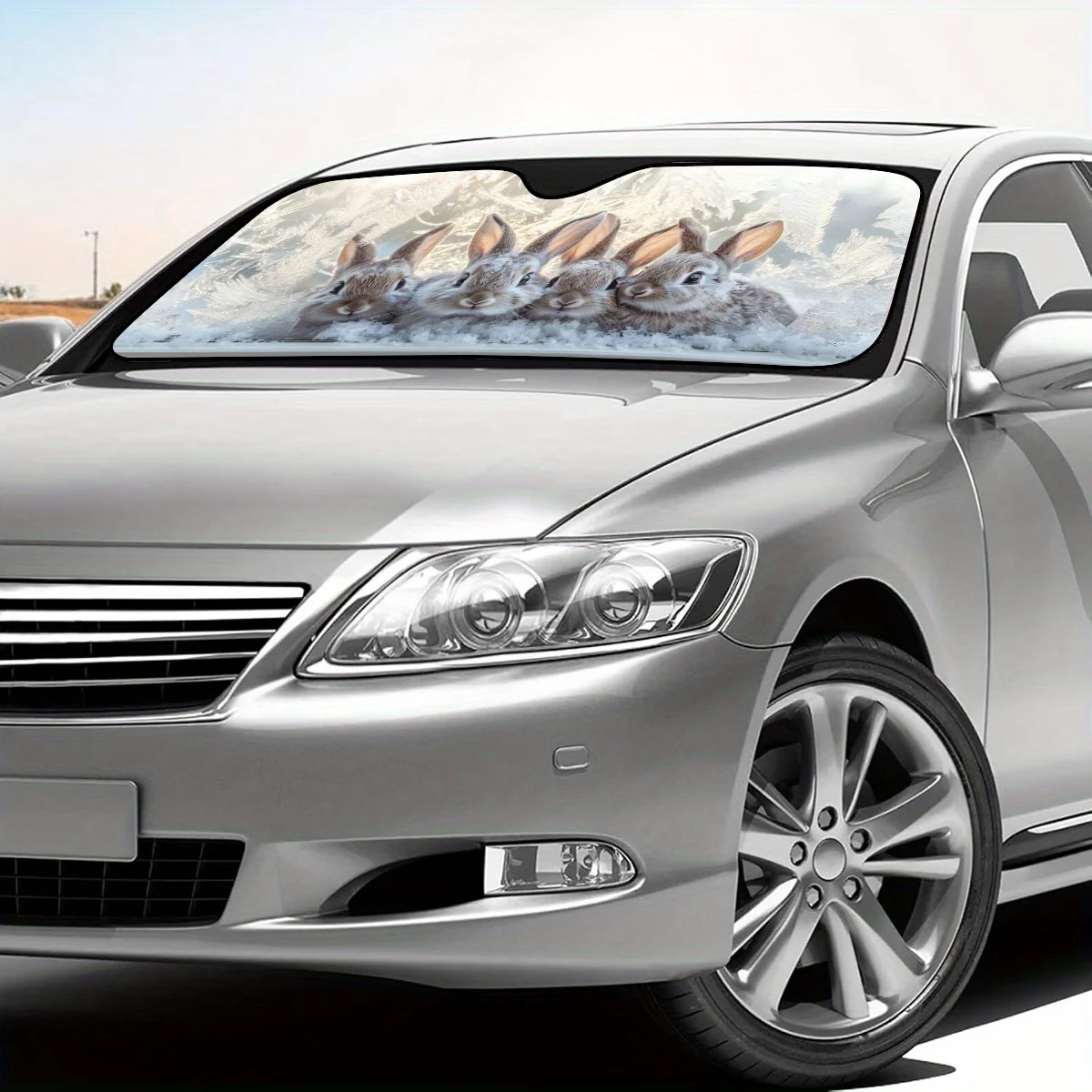 1pc Winter Snow Rabbits & Frosted Window Design Polyester Car Sunshade - Fit Windshield Sun Cover, Heat Insulation & Glare Reduc