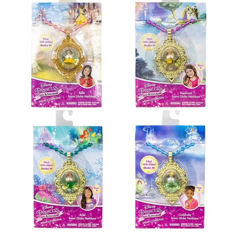 Disney Princess Little Kingdom Jewelry Collection Snow Globe Necklaces Toy Belle Rapunzel Ariel Cinderella Doll Kids Toys Gifts