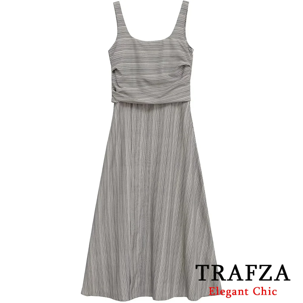 

TRAFZA Striped Suspender Dress Women's Elegant Minimalist Irregular Line Midi Dress 2025 New Summer Fashion Holiday Casual Dress