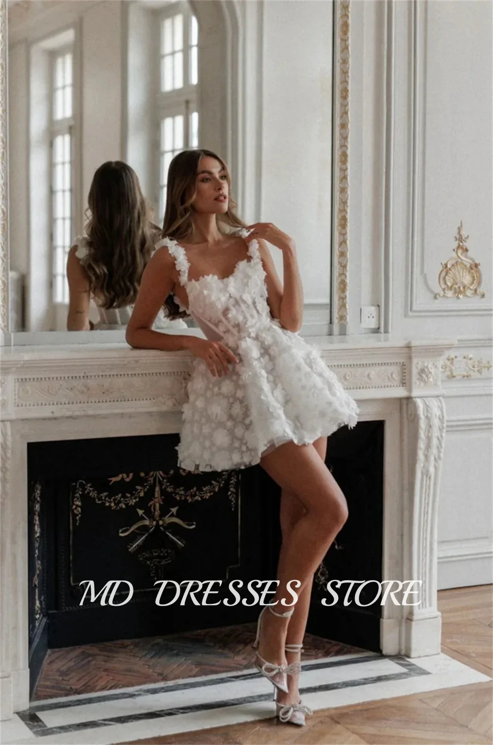 MD Modern White Short A-line Wedding Dresses Spaghetti Strap Sweetheart Collar Mini Bride Gowns vestidos de fiesta Customized
