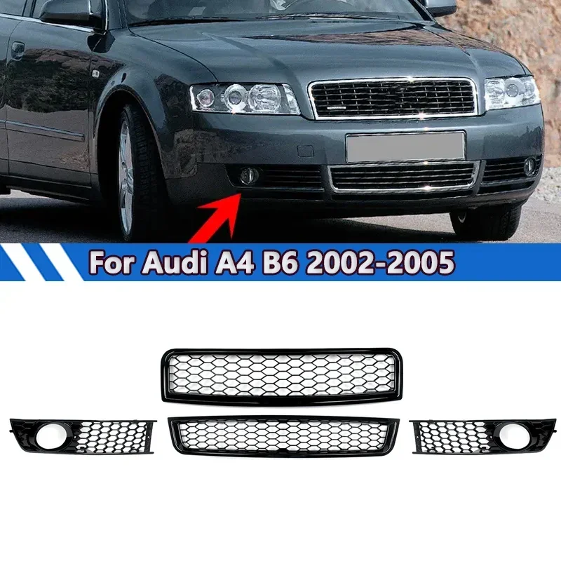 For Audi A4 B6 2002-05 Black RS Style Front Upper Lower Grill+Fog Light Grille A4B6 Honeycomb Mesh Middle Lower Net Accessories