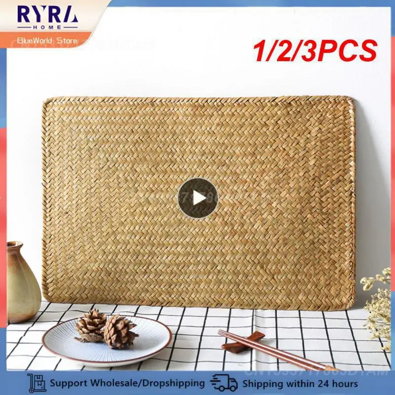 1/2/3PCS Table Mat Rectangle Natural Straw Placemats Cup Mat Handmade Coffee Table Mat Bowl Plate Coaster Kitchen Accessories