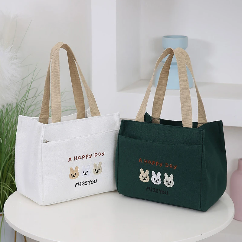 Cartoon Simple Rabbit Pattern Printed Canvas Handbag Office Worker Lunch Tote Bag Storage Bags