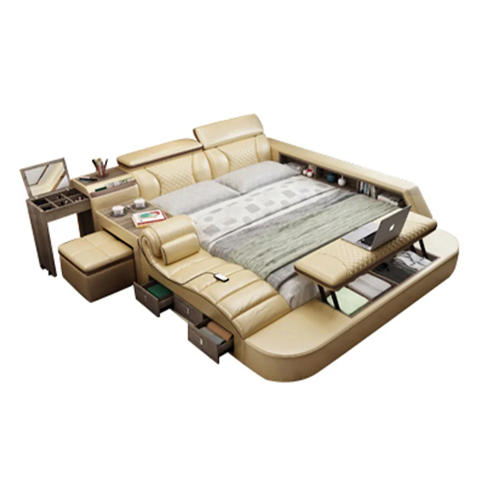 MINGDIBAO Genuine Leather Tech Smart Multifunctional Bed 2 People Ultimate Bed Frames Massage Bed with Tatami, Dresser & Drawers