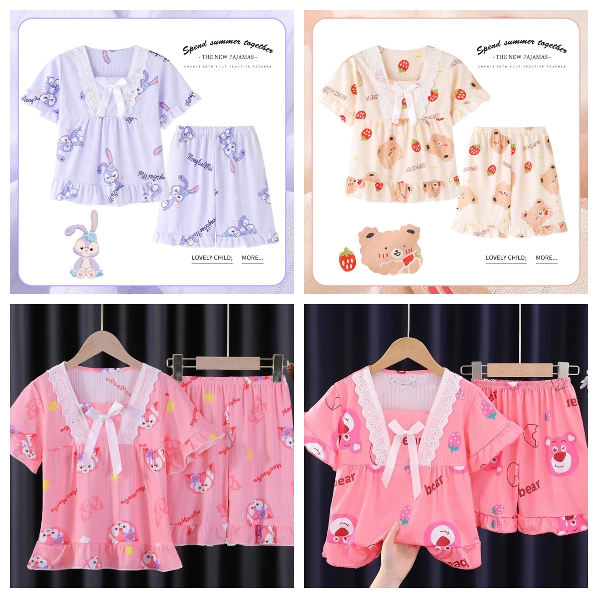 New Summer Children's Clothing Sets Sleepwear Girl LinaBell Short sleeved Pants Clothes Kids Lace Pajamas Set Baby Girls Pyjamas