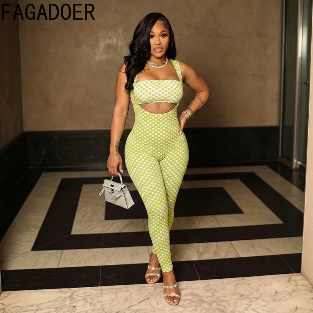 FAGADOER Retro Polka Dot Bodycon Jumpsuits 2 Pcs Sets Sexy Print Tube Top + Deep U Romper Suits Chic Fashion Playsuits Outfits
