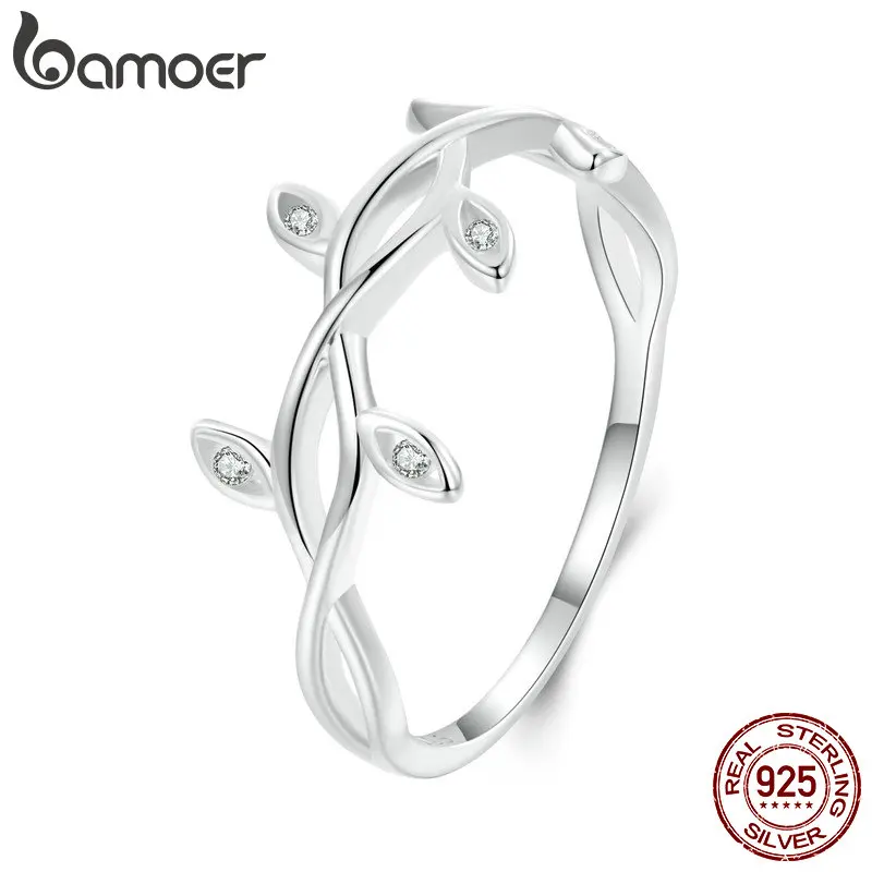 Bamoer 925 Sterling Silver Leaf Zircon Stackable Ring for Women Girl White Gold Zircon Plant Band Ring Fashion Jewelry