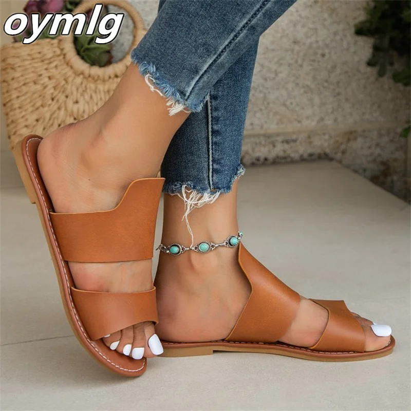 Flat bottom slippers for women 2023 summer new solid color round head casual sandals for external wear