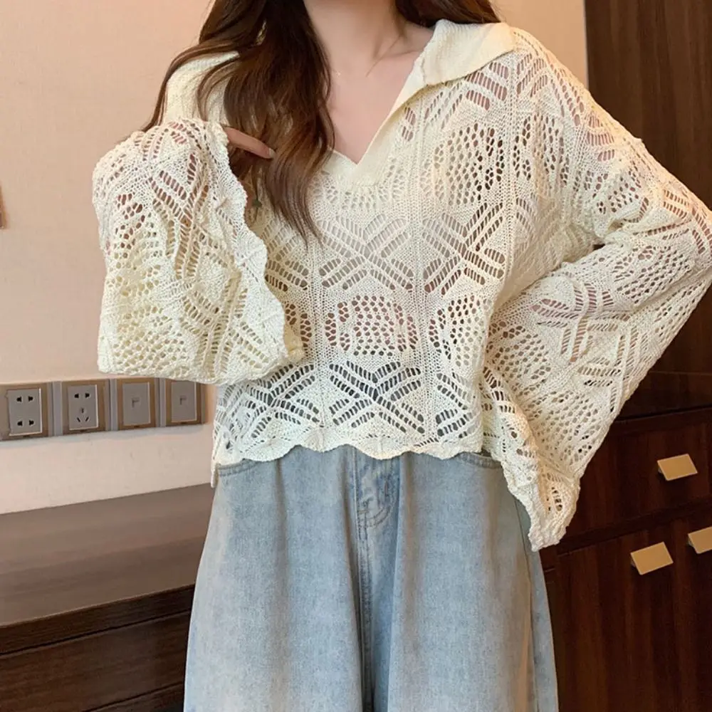 Leisure V-neck Hollow Out Knit T-shirt Loose Korean Style Cover Up Crop Top Long Sleeve Beachwear Crochet Knitwear Women