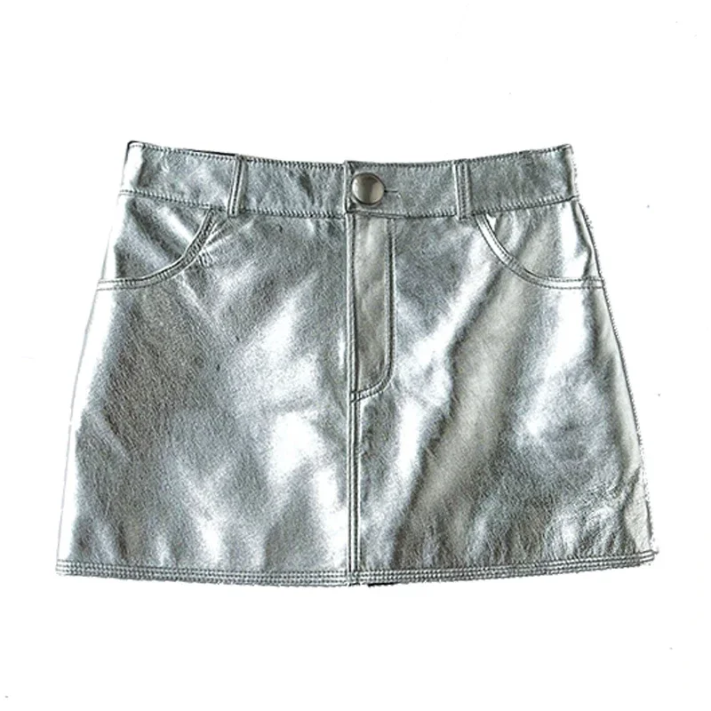 Moda quente mini saia para mulher 2025 high-end metálico prata cor dourada curto saia quente menina couro genuíno y2k rua jupe