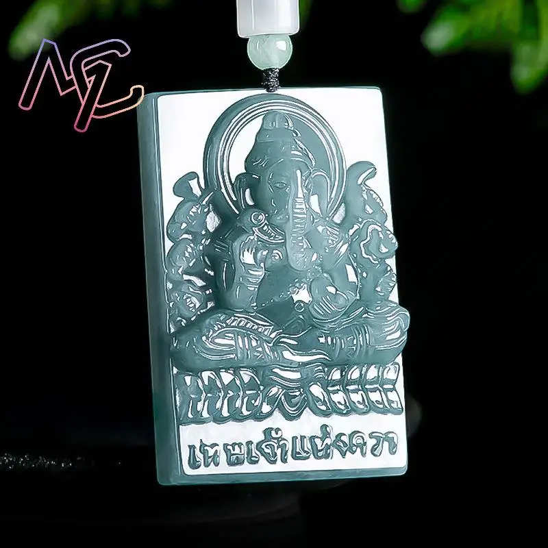 Blue Myanmar Jadeite Ganesha Pendant Necklace Natural Burmese Jade Luxury Charm Amulet Accessories Carved Gemstone Designer