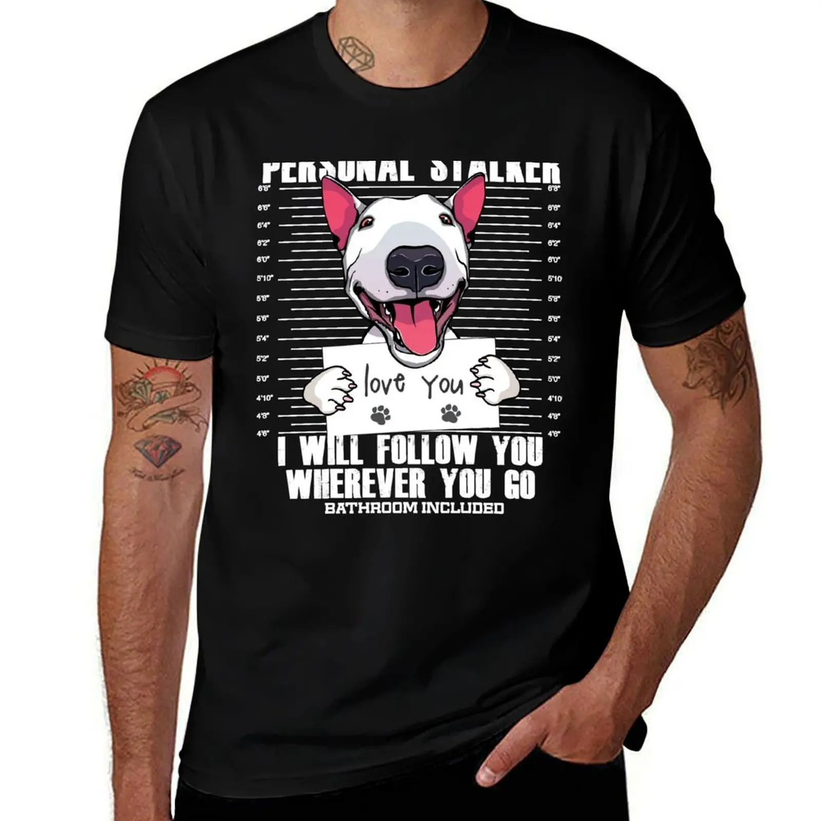 

Funny Bull Terrier Stalker Cartoon Gift T-Shirt man t shirts cotton cotton tshirt 100% T-Shirt