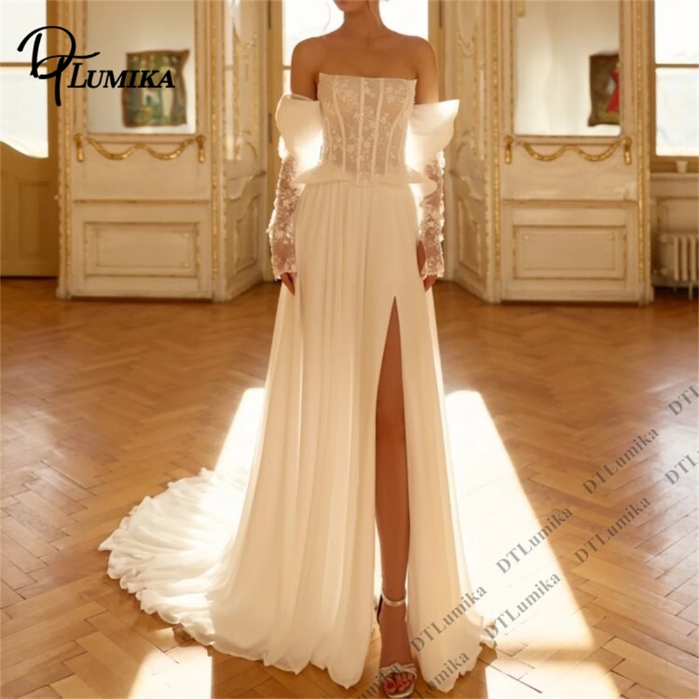 

DTLumika Scarf Neck Two Pieces Wedding Dresses with Off the Shoulder Long Sleeves and Court Train Women's Customized Bridal Gown