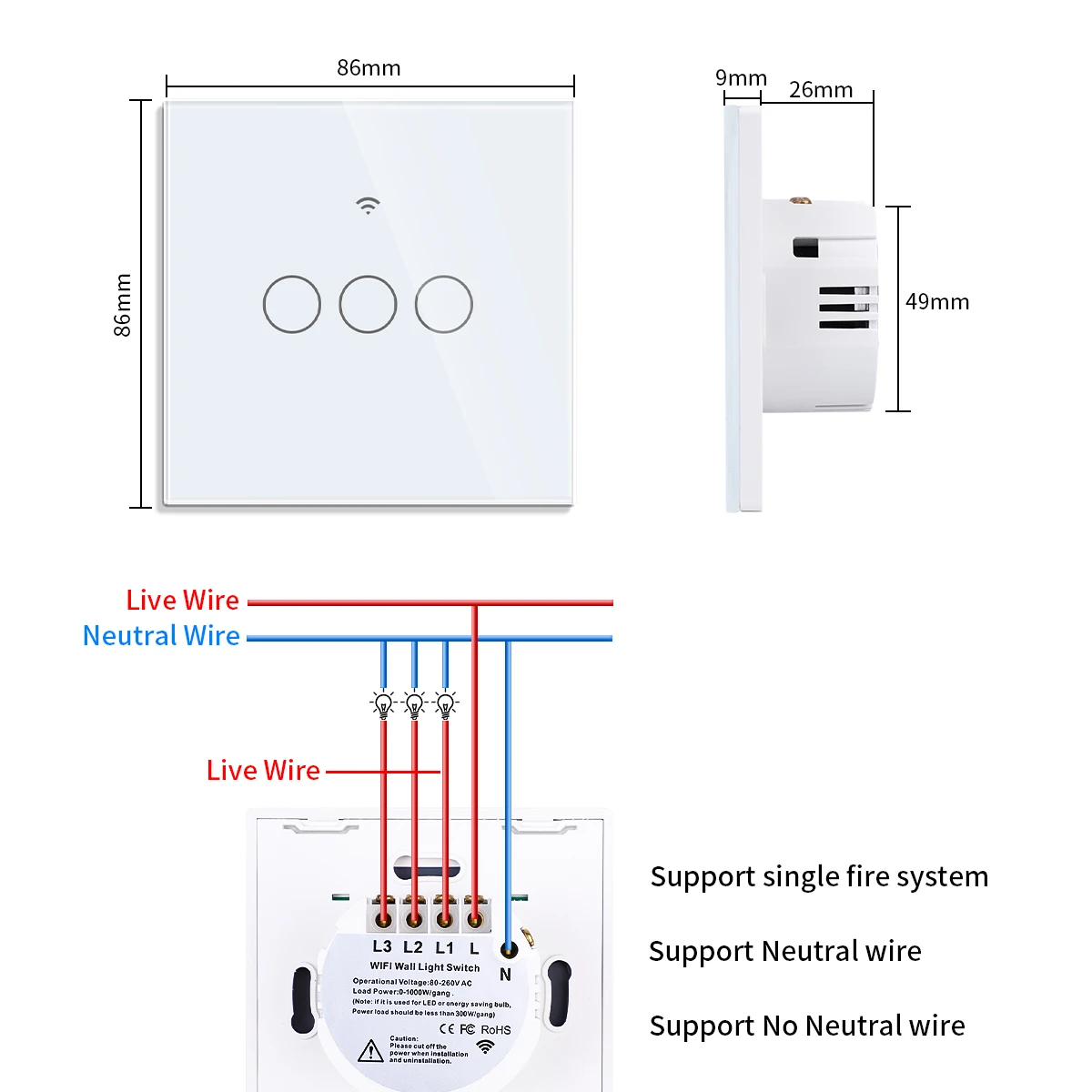 White Black 1/2/3 Gang 2Way RF433MHZ Wifi Touch Switch Smart Home Wall Light Support Alexa Tuya App Remote