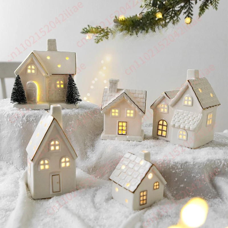 Christmas Tree House Creative Ceramic Ornaments Luminous Snow House Snow House Scene Arrangement Tabletop Small Ornaments